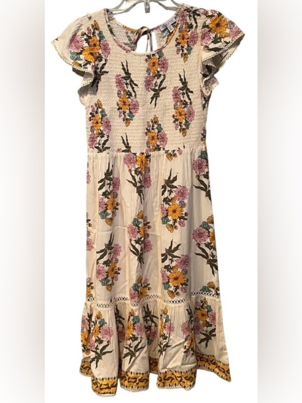 Patrons of Peace Floral Smocked Midi Dress | Boho Cottagecore Flutter Sleeve